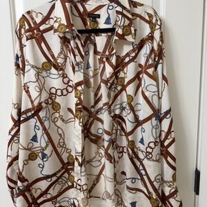Talbots White and Brown Chain Print Blouse